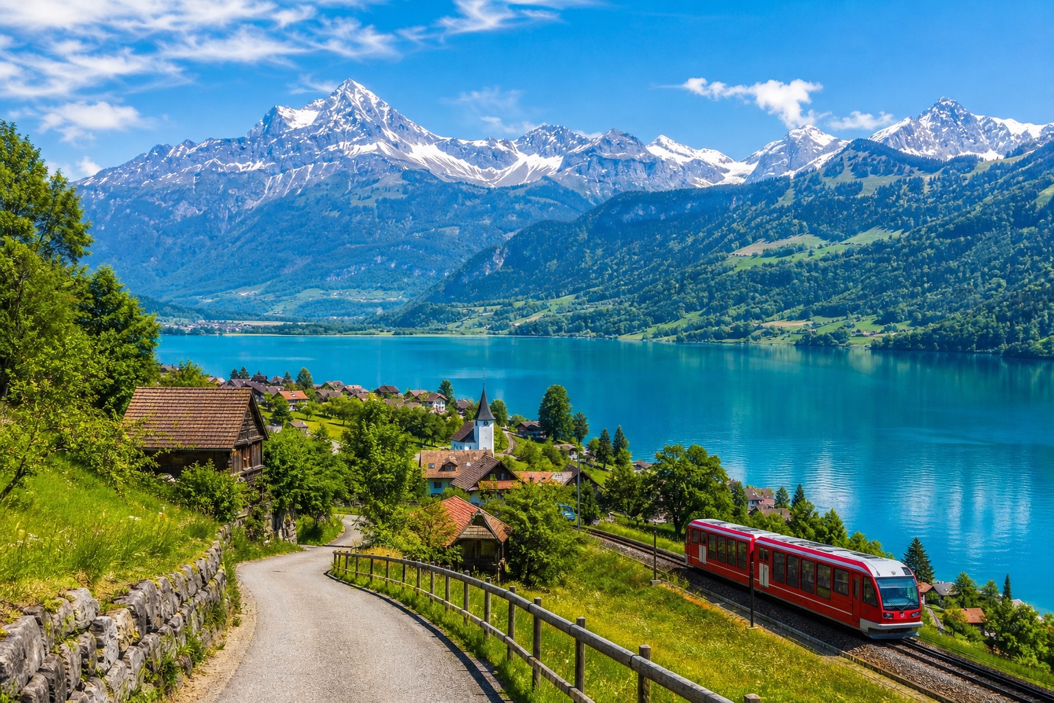 Schweizer Alpen mit Bergsee und Dorf